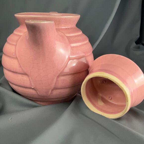 Vintage Pink Pottery Teapot Ribbed Ringware Style 1930s Art Deco 7.5x6.5 - Picture 6 of 8